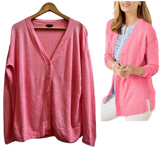 Talbots Pink Linen V Neck Button Cardigan Medium Natural Slub Textured - Picture 1 of 12